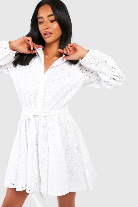 BOOHOO Petite Eyelet Belted Skater Shirt Dress 3 BOOHOO Petite Eyelet Belted Skater Shirt Dress - Image 3