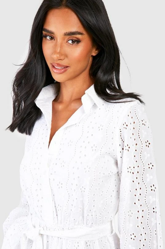 BOOHOO Petite Eyelet Belted Skater Shirt Dress 4 BOOHOO Petite Eyelet Belted Skater Shirt Dress - Image 4