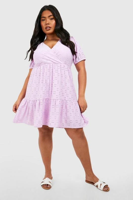 BOOHOO Plus Jersey Knit Eyelet Wrap Tiered Smock Dress 1 BOOHOO Plus Jersey Knit Eyelet Wrap Tiered Smock Dress