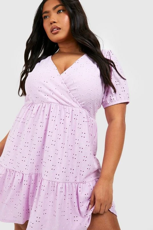 BOOHOO Plus Jersey Knit Eyelet Wrap Tiered Smock Dress 3 BOOHOO Plus Jersey Knit Eyelet Wrap Tiered Smock Dress - Image 3