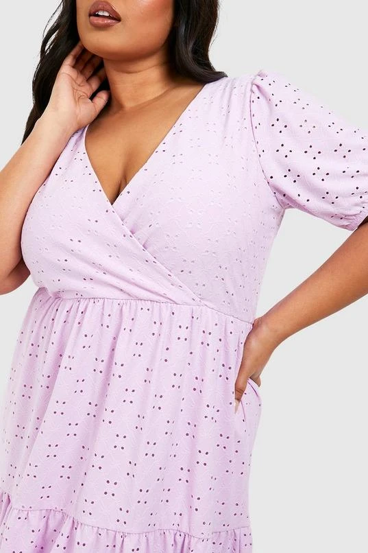 BOOHOO Plus Jersey Knit Eyelet Wrap Tiered Smock Dress 4 BOOHOO Plus Jersey Knit Eyelet Wrap Tiered Smock Dress - Image 4