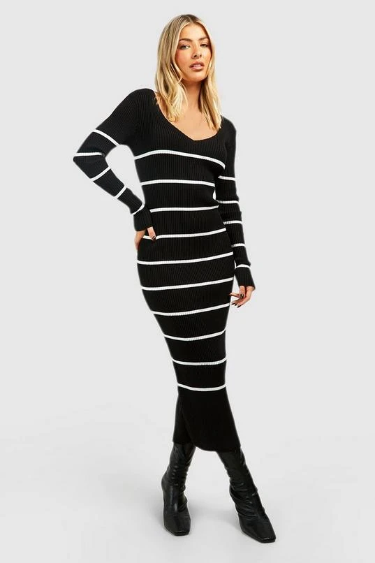 BOOHOO Long Sleeve Stripe Midi Knit Dress 1 BOOHOO Long Sleeve Stripe Midi Knit Dress