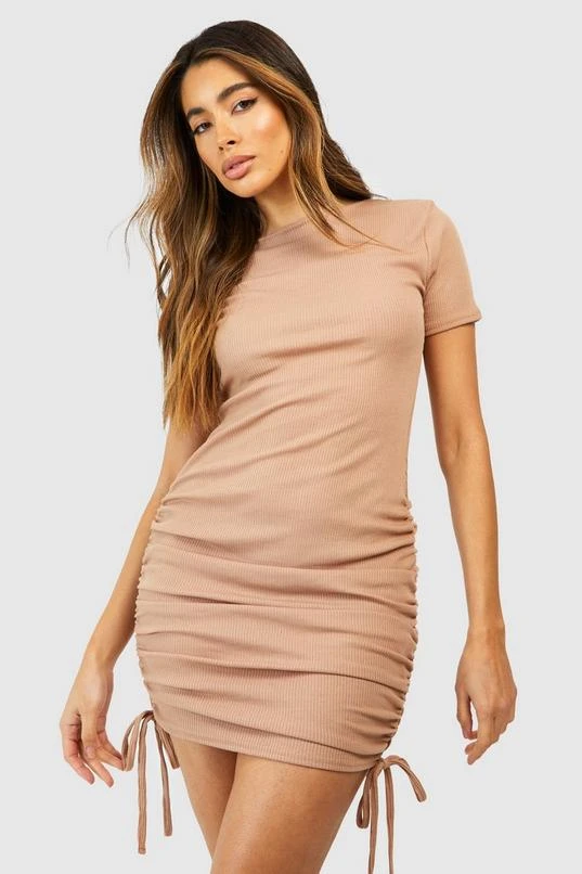 BOOHOO Ruched Detail Ribbed Mini Bodycon Dress 1 BOOHOO Ruched Detail Ribbed Mini Bodycon Dress