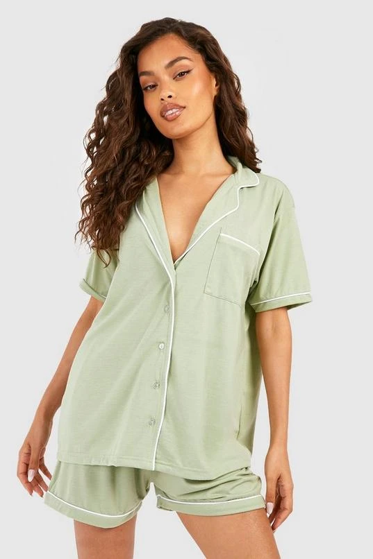 BOOHOO Button Through Jersey Knit Pajama Short Set 1 BOOHOO Button Through Jersey Knit Pajama Short Set