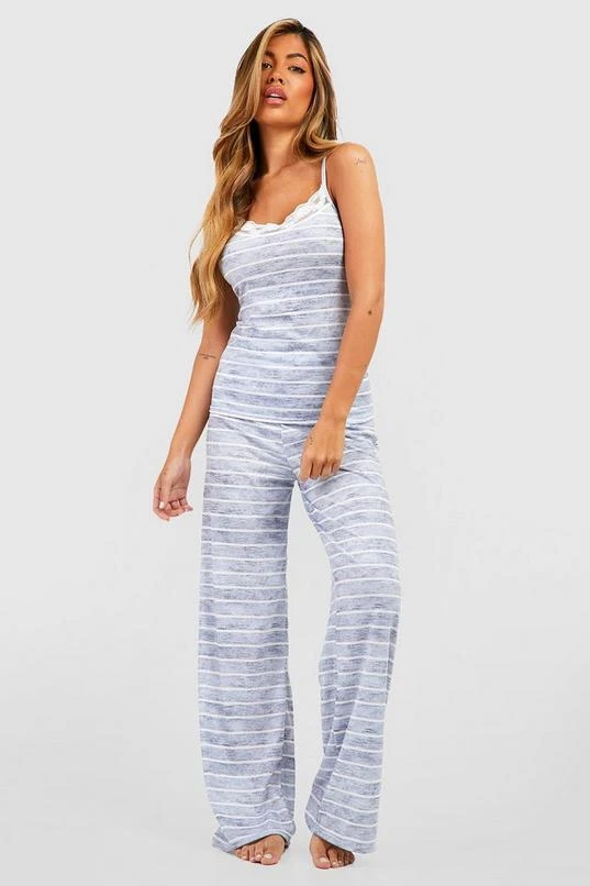 BOOHOO Stripe Lace Trim Jersey Knit Cami & Pants Pajama Set 1 BOOHOO Stripe Lace Trim Jersey Knit Cami & Pants Pajama Set