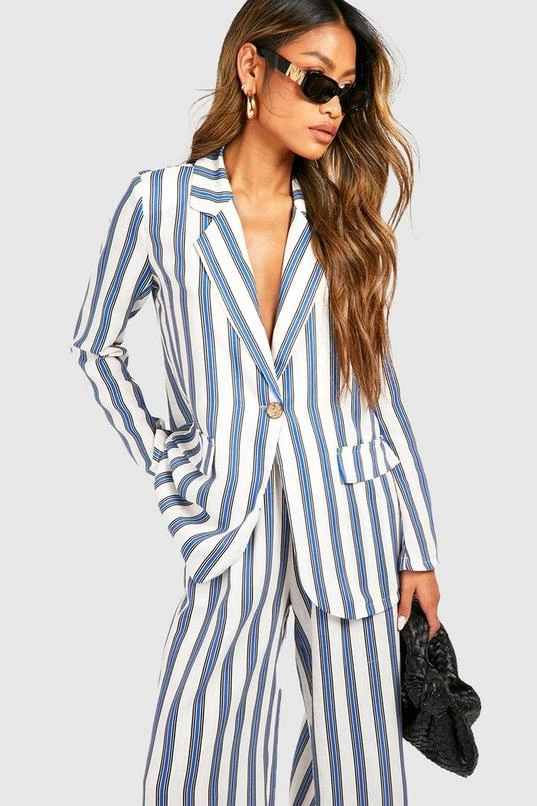 BOOHOO Linen Look Striped Contrast Button Blazer 1 BOOHOO Linen Look Striped Contrast Button Blazer