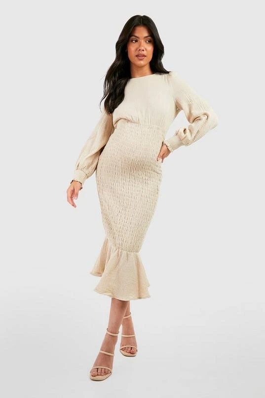 BOOHOO Maternity Textured Shirred Frill Hem Midi Dress 1 BOOHOO Maternity Textured Shirred Frill Hem Midi Dress