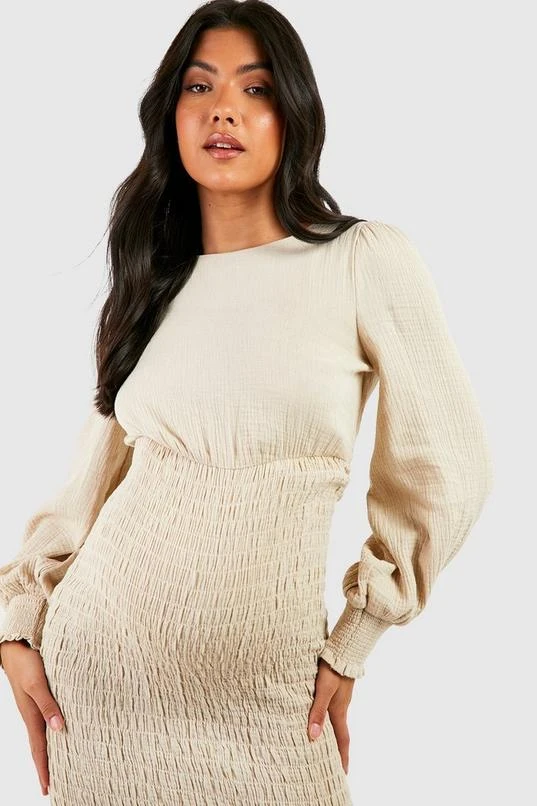 BOOHOO Maternity Textured Shirred Frill Hem Midi Dress 4 BOOHOO Maternity Textured Shirred Frill Hem Midi Dress - Image 4