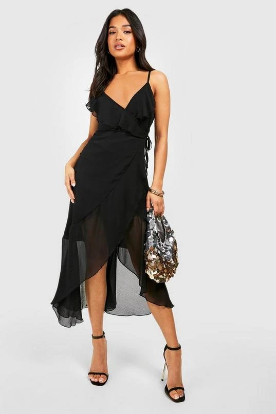BOOHOO Petite Chiffon Ruffle Wrap Midi Dress 1 BOOHOO Petite Chiffon Ruffle Wrap Midi Dress