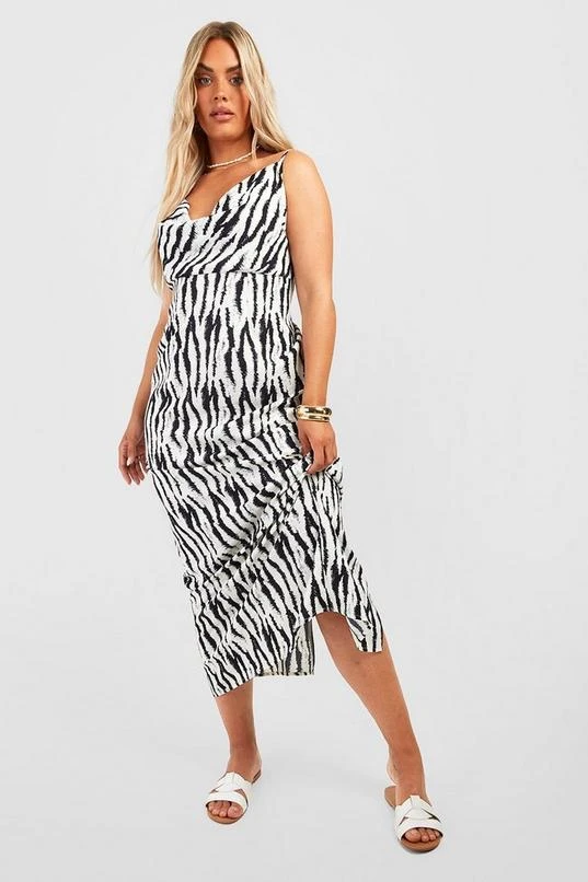 BOOHOO Plus Zebra Printed Satin Maxi Dress 1 BOOHOO Plus Zebra Printed Satin Maxi Dress