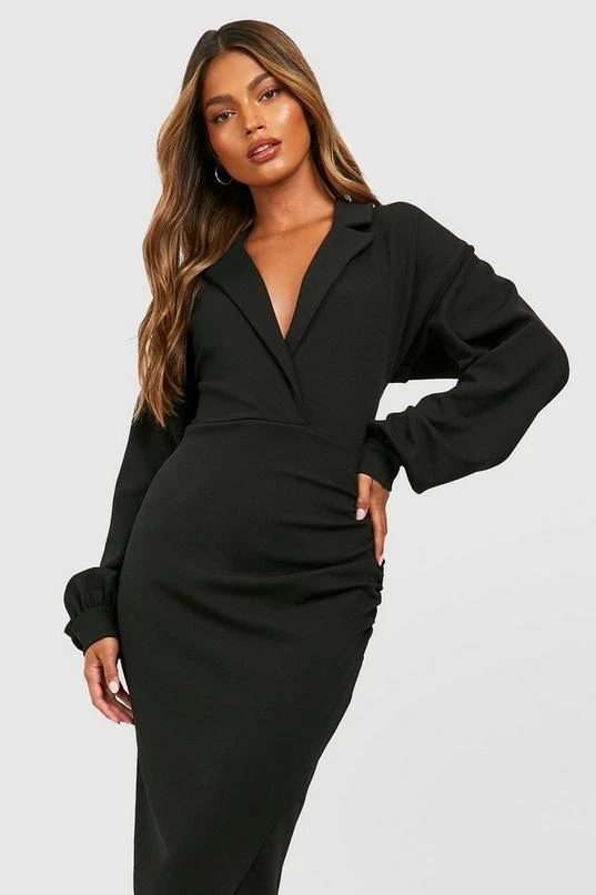 BOOHOO Crepe Puff Sleeve Wrap Front Midi Shirt Dress 3 BOOHOO Crepe Puff Sleeve Wrap Front Midi Shirt Dress - Image 3