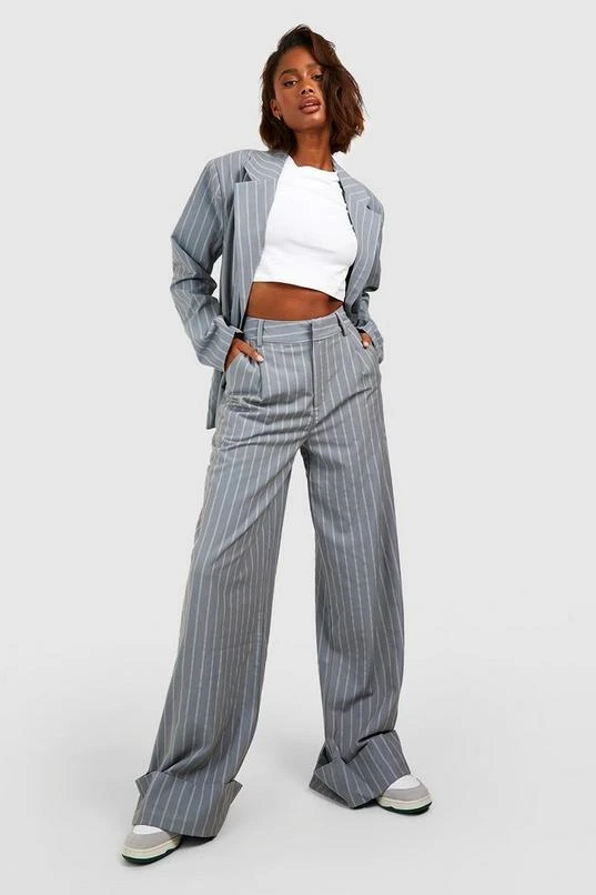 BOOHOO Premium Pinstripe Wide Leg Turn Cuff Dress Pants 1 BOOHOO Premium Pinstripe Wide Leg Turn Cuff Dress Pants