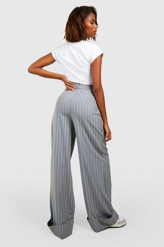 BOOHOO Premium Pinstripe Wide Leg Turn Cuff Dress Pants 2 BOOHOO Premium Pinstripe Wide Leg Turn Cuff Dress Pants - Image 2