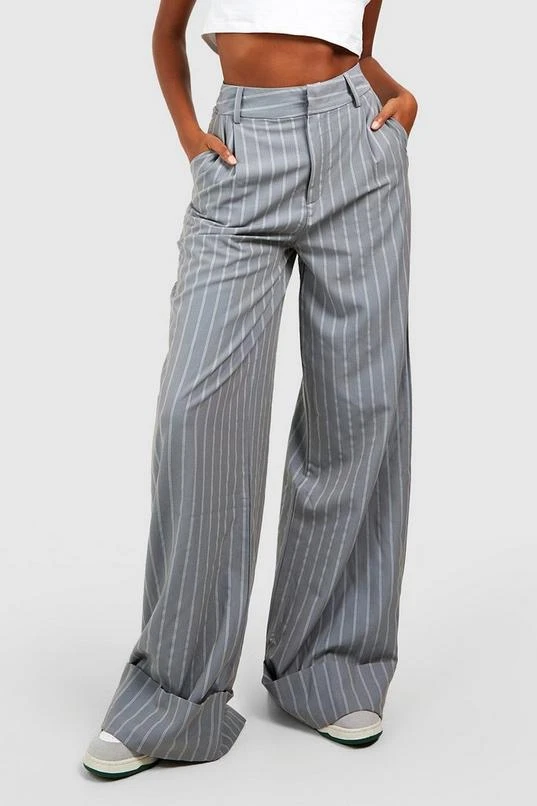 BOOHOO Premium Pinstripe Wide Leg Turn Cuff Dress Pants 4 BOOHOO Premium Pinstripe Wide Leg Turn Cuff Dress Pants - Image 4