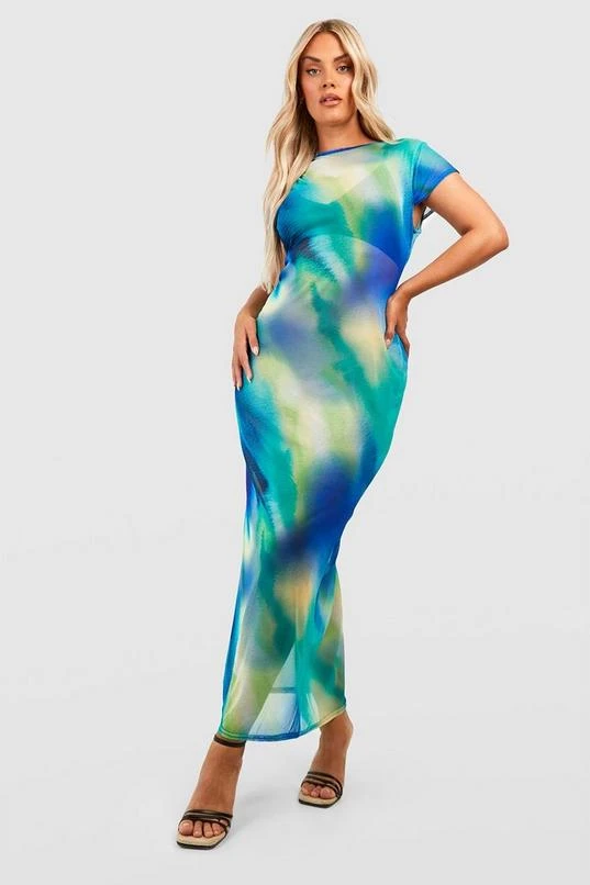 BOOHOO Plus Marble Print Mesh Open Back Mesh Beach Dress 1 BOOHOO Plus Marble Print Mesh Open Back Mesh Beach Dress