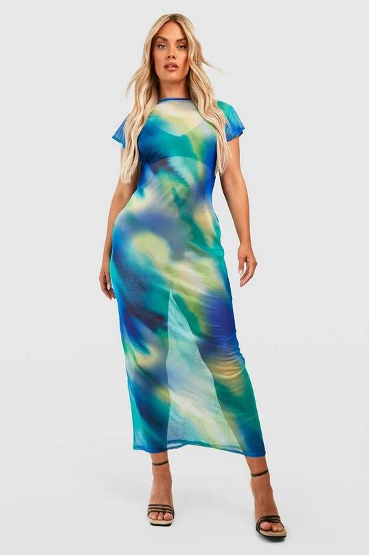BOOHOO Plus Marble Print Mesh Open Back Mesh Beach Dress 3 BOOHOO Plus Marble Print Mesh Open Back Mesh Beach Dress - Image 3