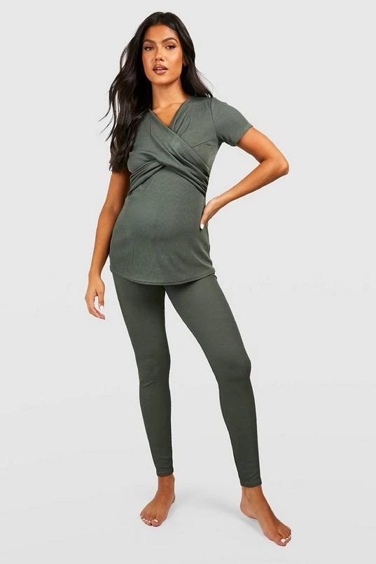 BOOHOO Maternity Rib Wrap Nursing Pajama Legging Set 1 BOOHOO Maternity Rib Wrap Nursing Pajama Legging Set
