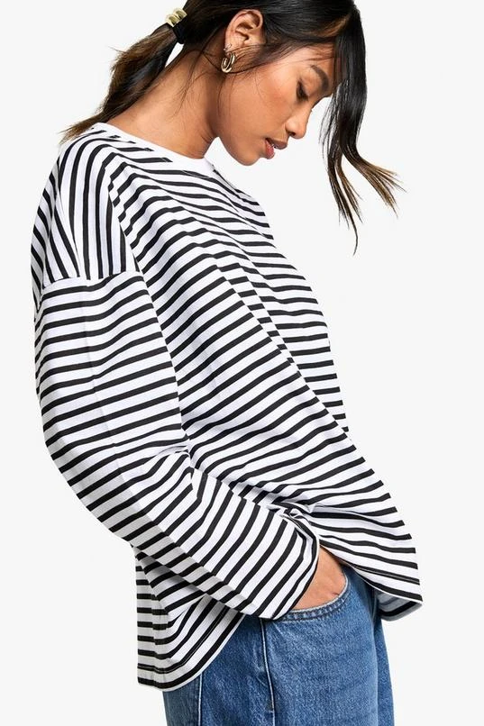 Boohoo Basics Cotton Oversized Long Sleeve Striped T-shirt 1 Boohoo Basics Cotton Oversized Long Sleeve Striped T-shirt