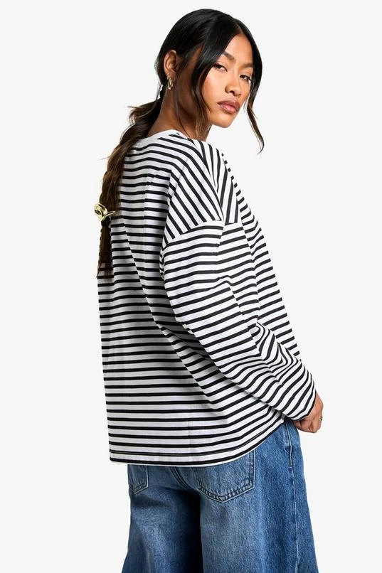 Boohoo Basics Cotton Oversized Long Sleeve Striped T-shirt 2 Boohoo Basics Cotton Oversized Long Sleeve Striped T-shirt - Image 2