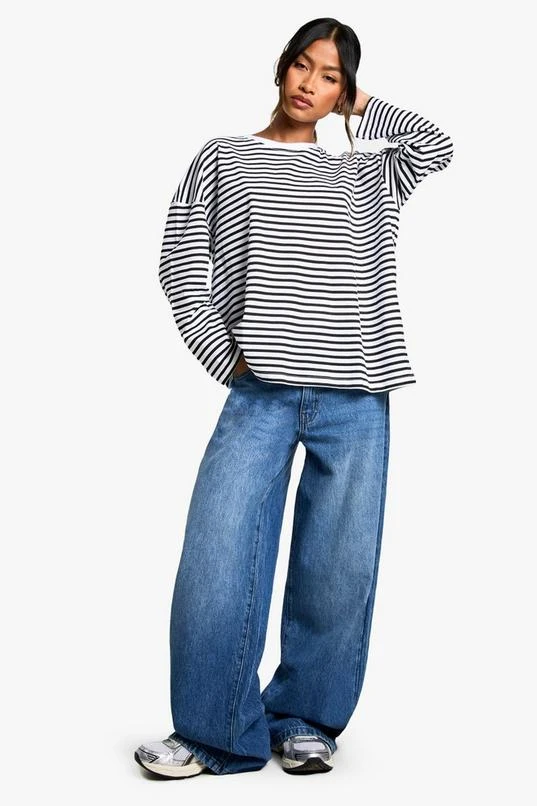 Boohoo Basics Cotton Oversized Long Sleeve Striped T-shirt 3 Boohoo Basics Cotton Oversized Long Sleeve Striped T-shirt - Image 3