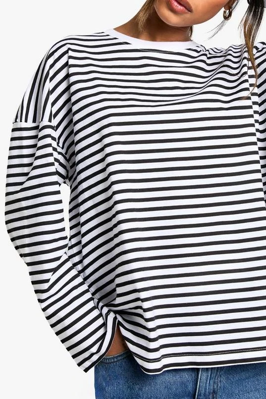 Boohoo Basics Cotton Oversized Long Sleeve Striped T-shirt 4 Boohoo Basics Cotton Oversized Long Sleeve Striped T-shirt - Image 4