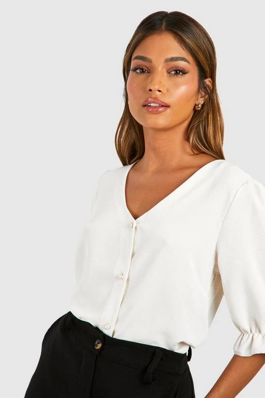 BOOHOO Cream Hammered Puff Sleeve Button Front Blouse 4 BOOHOO Cream Hammered Puff Sleeve Button Front Blouse - Image 4