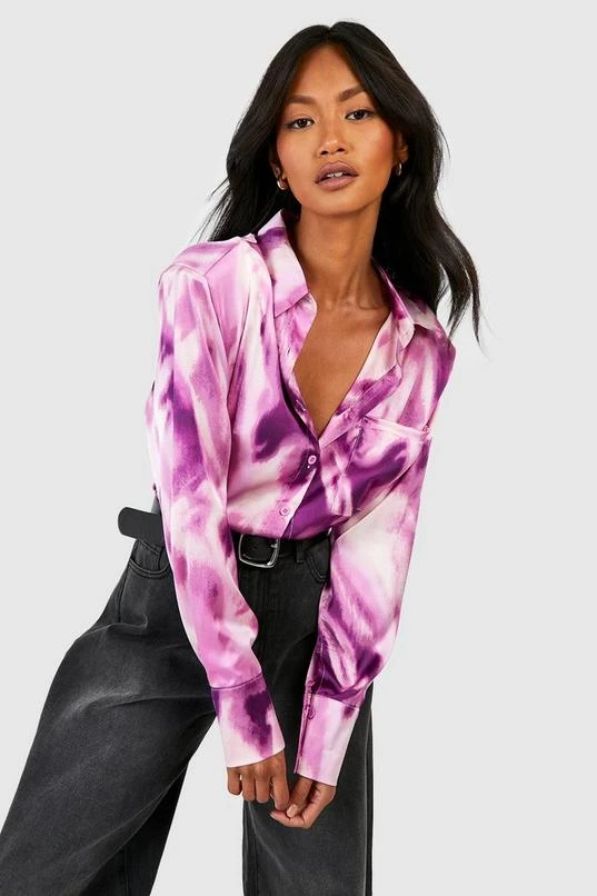 BOOHOO Abstract Satin Fitted Shoulder Pad Shirt 1 BOOHOO Abstract Satin Fitted Shoulder Pad Shirt