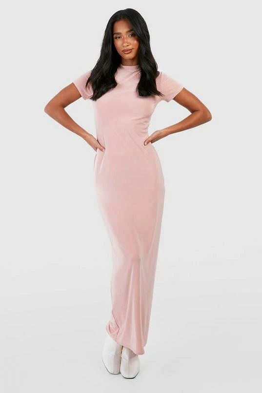 BOOHOO Petite Slinky Short Sleeve High Neck Maxi Dress 1 BOOHOO Petite Slinky Short Sleeve High Neck Maxi Dress