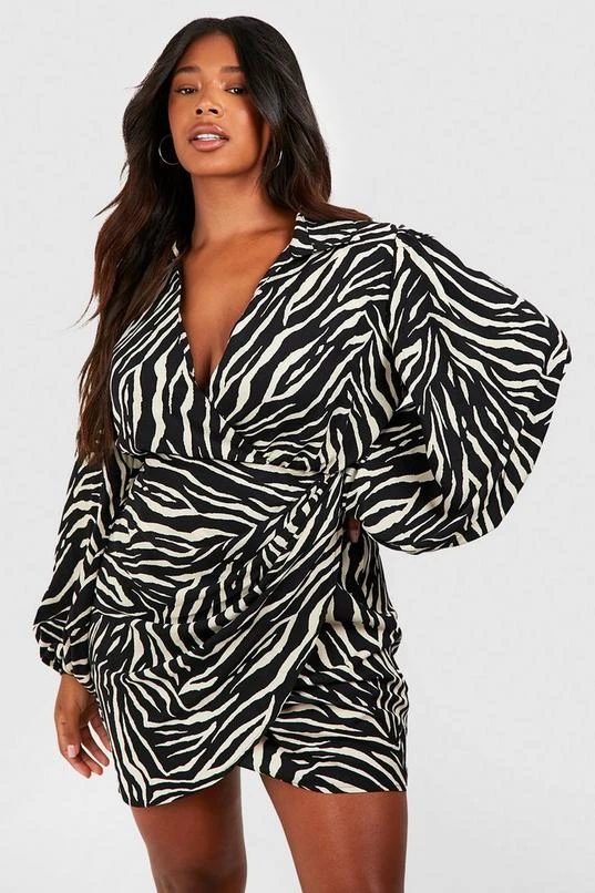 BOOHOO Plus Zebra Print Blouson Sleeve Wrap Dress 1 BOOHOO Plus Zebra Print Blouson Sleeve Wrap Dress