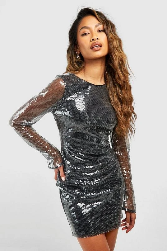 BOOHOO Sheer Sequin Flare Split Cuff Mini Dress 3 BOOHOO Sheer Sequin Flare Split Cuff Mini Dress - Image 3