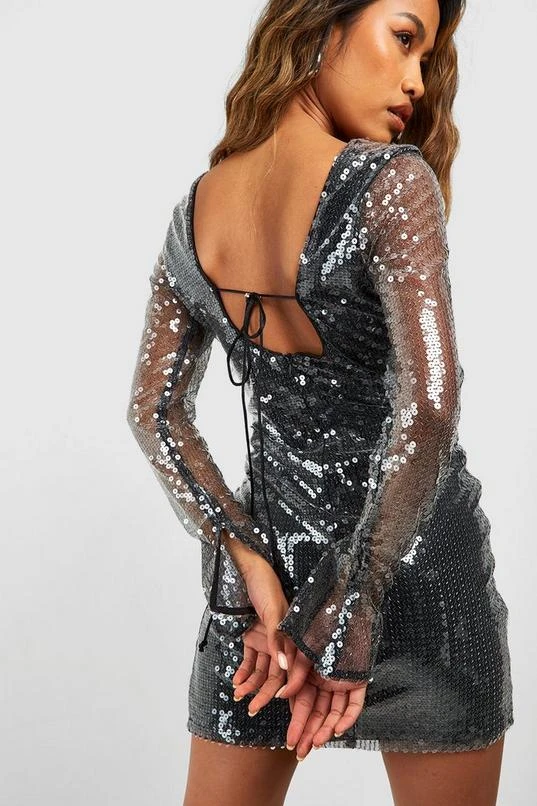 BOOHOO Sheer Sequin Flare Split Cuff Mini Dress 4 BOOHOO Sheer Sequin Flare Split Cuff Mini Dress - Image 4