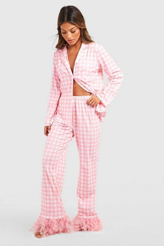 BOOHOO Gingham Feather Hem Pajama Set 1 BOOHOO Gingham Feather Hem Pajama Set
