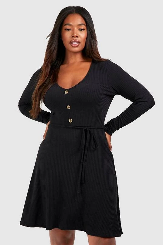 BOOHOO Plus Soft Rib Horn Button Long Sleeve Skater Dress 1 BOOHOO Plus Soft Rib Horn Button Long Sleeve Skater Dress