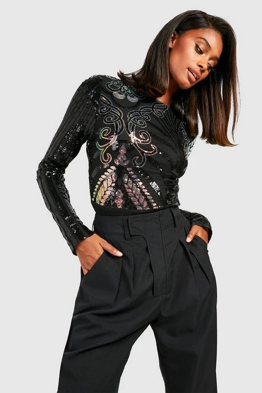 BOOHOO Black Demask Sequin Backless Bodysuit 1 BOOHOO Black Demask Sequin Backless Bodysuit