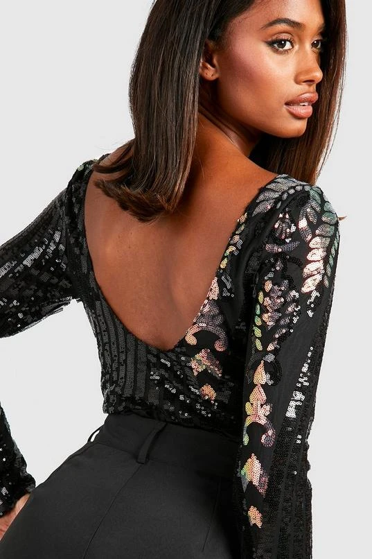 BOOHOO Black Demask Sequin Backless Bodysuit 4 BOOHOO Black Demask Sequin Backless Bodysuit - Image 4