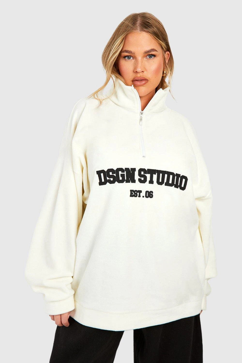 BOOHOO Cream Plus Dsgn Studio Embroidered Half Zip Oversized Sweatshirt 5 BOOHOO Cream Plus Dsgn Studio Embroidered Half Zip Oversized Sweatshirt - Image 5
