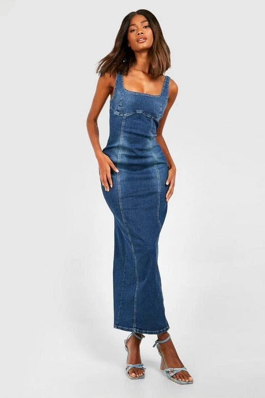 BOOHOO Stretch Denim Seam Detail Maxi Dress 1 BOOHOO Stretch Denim Seam Detail Maxi Dress