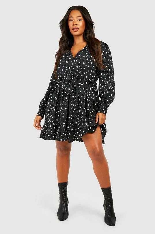 BOOHOO Plus Star Print Wrap Ruffle Skater Dress 3 BOOHOO Plus Star Print Wrap Ruffle Skater Dress - Image 3