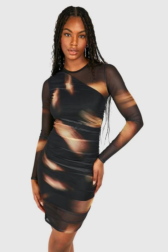 BOOHOO Tall Abstract Mesh Ruched Mini Dress 1 BOOHOO Tall Abstract Mesh Ruched Mini Dress