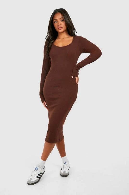 BOOHOO Scoop Neck Long Sleeve Rib Midi Dress 3 BOOHOO Scoop Neck Long Sleeve Rib Midi Dress - Image 3