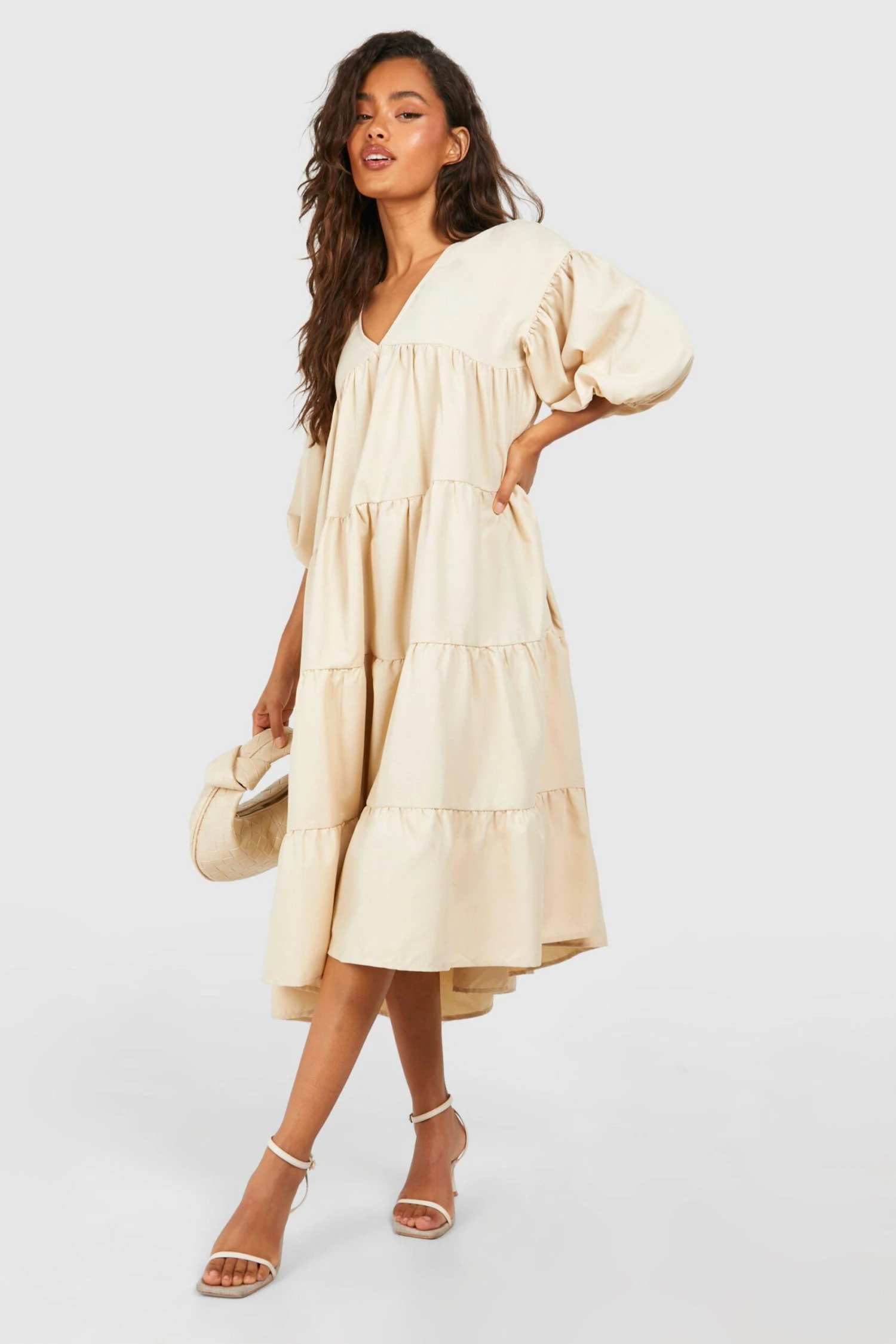 BOOHOO Poplin V Neck Tiered Midi Smock Dress 5 BOOHOO Poplin V Neck Tiered Midi Smock Dress - Image 5