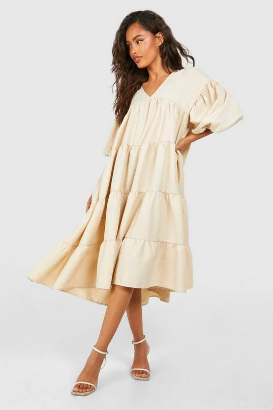 BOOHOO Poplin V Neck Tiered Midi Smock Dress 3 BOOHOO Poplin V Neck Tiered Midi Smock Dress - Image 3