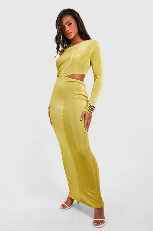 BOOHOO Slash Neck Ruched Acetate Slinky Cut Out Maxi Dress 1 BOOHOO Slash Neck Ruched Acetate Slinky Cut Out Maxi Dress
