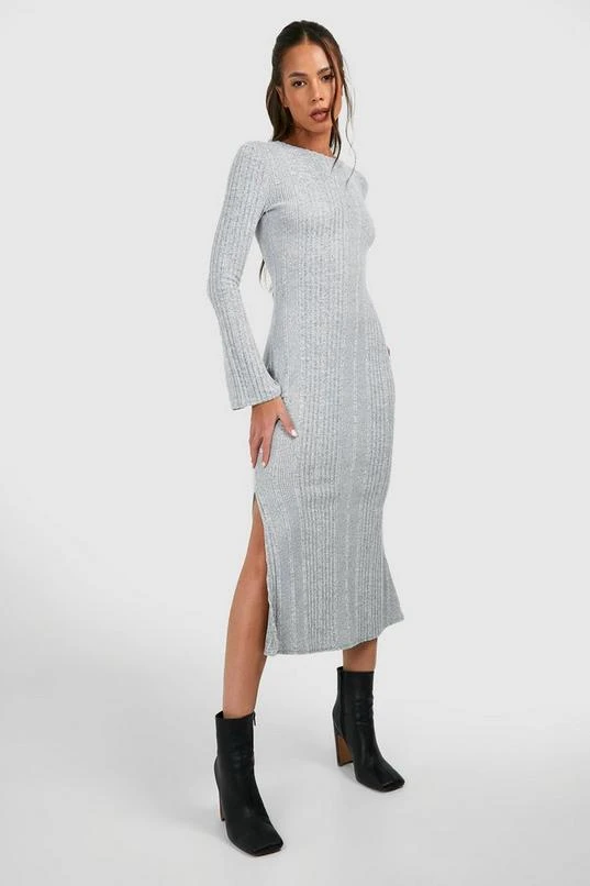 BOOHOO Textured Rib Flare Sleeve Split Leg Midi Dress 1 BOOHOO Textured Rib Flare Sleeve Split Leg Midi Dress