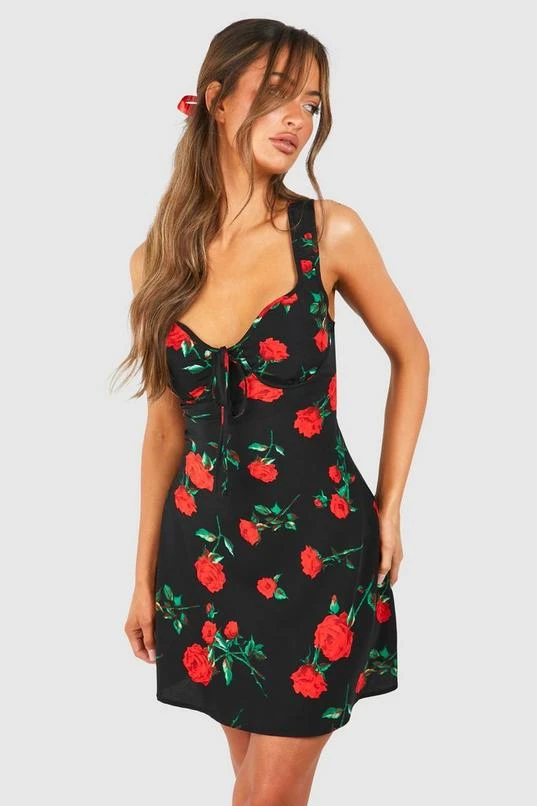 BOOHOO Rose Print Satin Slip Mini Dress 3 BOOHOO Rose Print Satin Slip Mini Dress - Image 3
