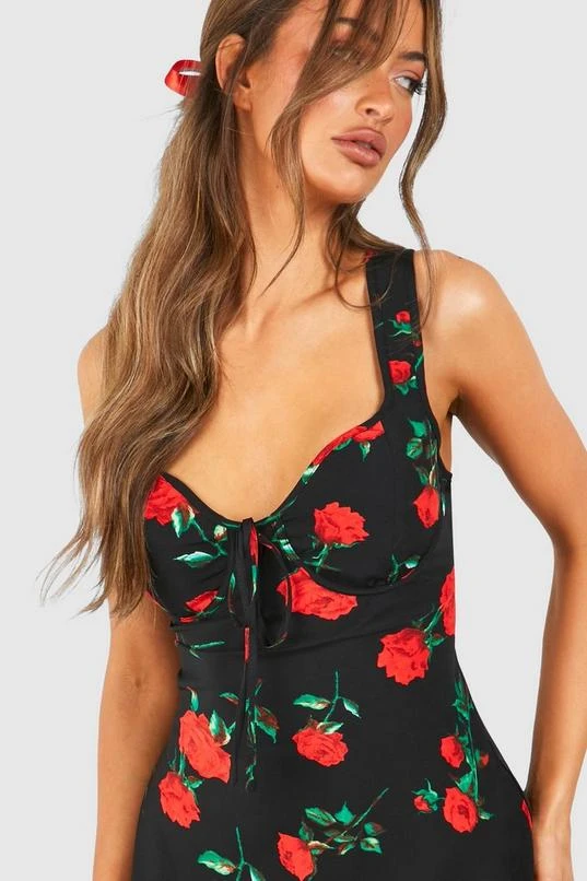 BOOHOO Rose Print Satin Slip Mini Dress 4 BOOHOO Rose Print Satin Slip Mini Dress - Image 4