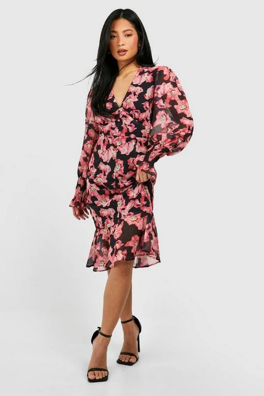 BOOHOO Petite Floral Ruffle Hem Woven Midi Dress 1 BOOHOO Petite Floral Ruffle Hem Woven Midi Dress