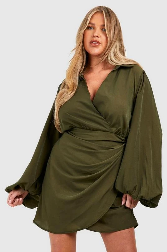 BOOHOO Plus Blouson Sleeve Wrap Dress 3 BOOHOO Plus Blouson Sleeve Wrap Dress - Image 3