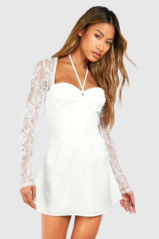 BOOHOO Satin Lace Sleeve Mini Dress 1 BOOHOO Satin Lace Sleeve Mini Dress