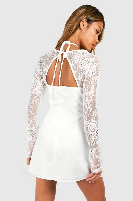 BOOHOO Satin Lace Sleeve Mini Dress 2 BOOHOO Satin Lace Sleeve Mini Dress - Image 2